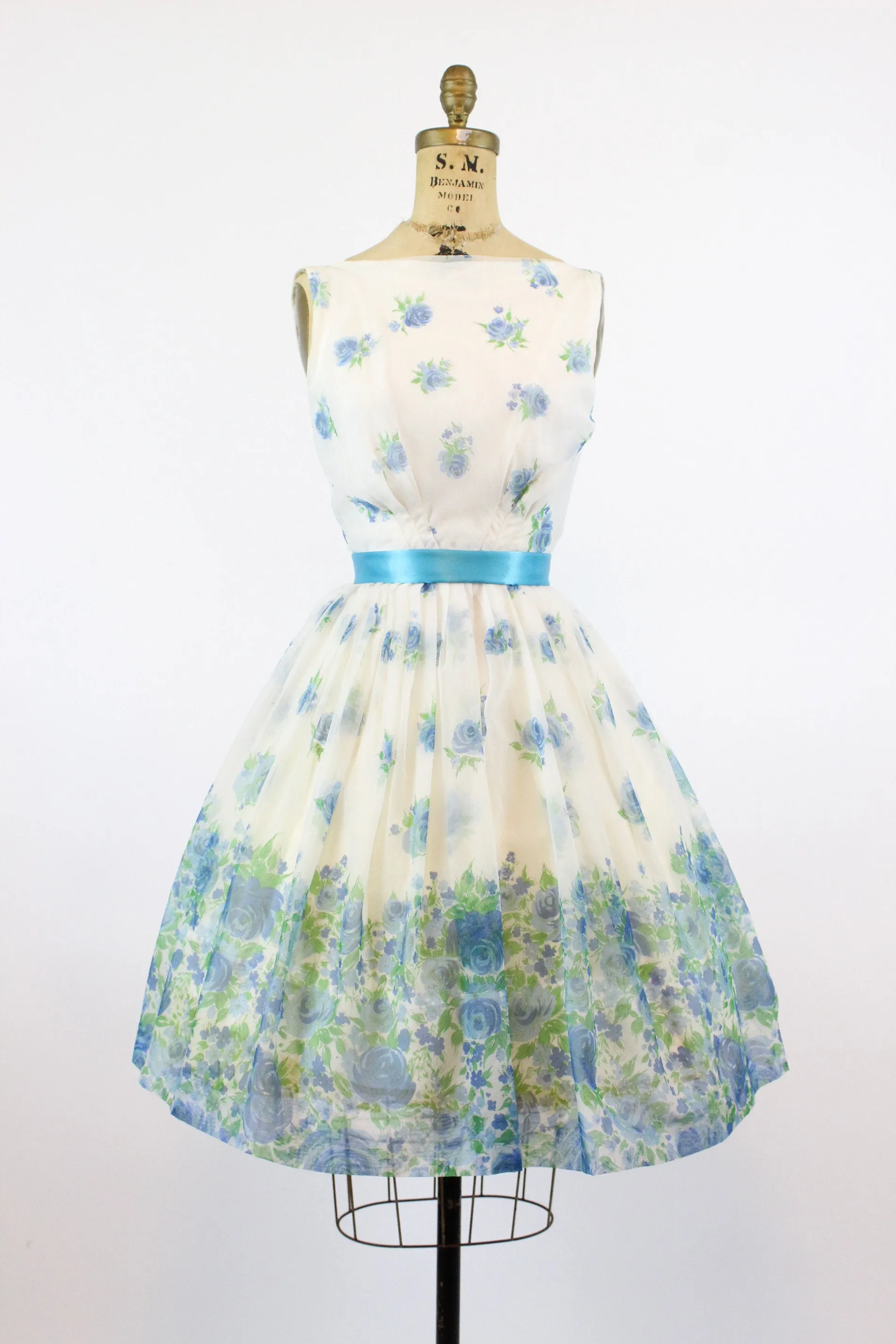 1950s blue rose organza dress xs | new spring
