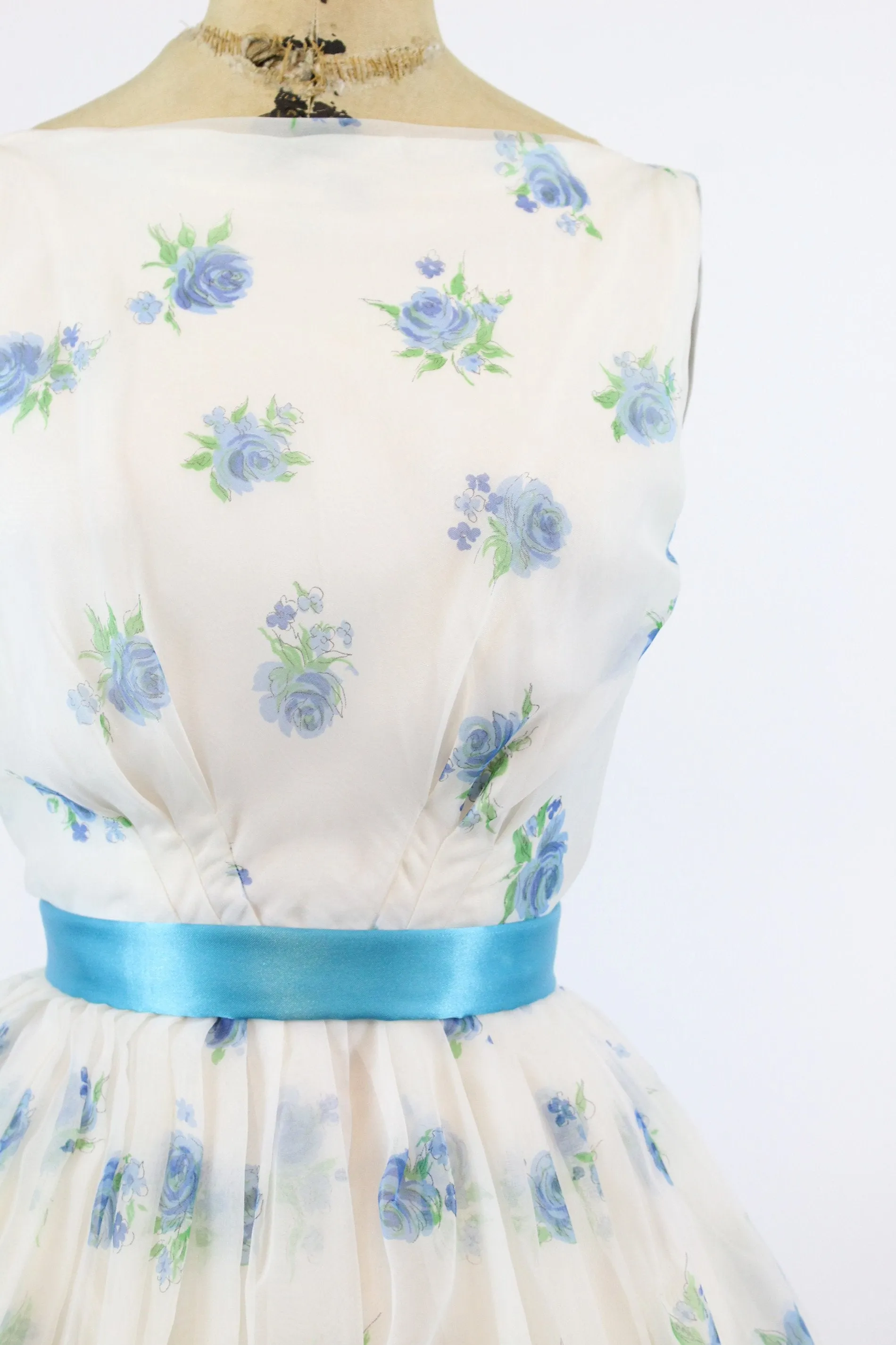 1950s blue rose organza dress xs | new spring