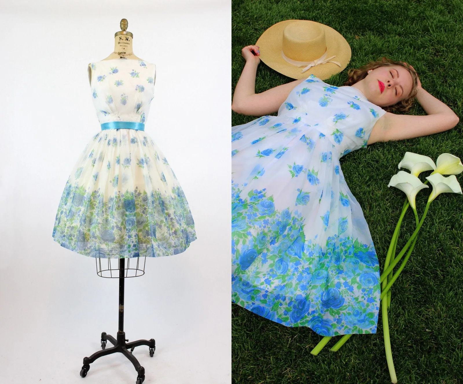 1950s blue rose organza dress xs | new spring
