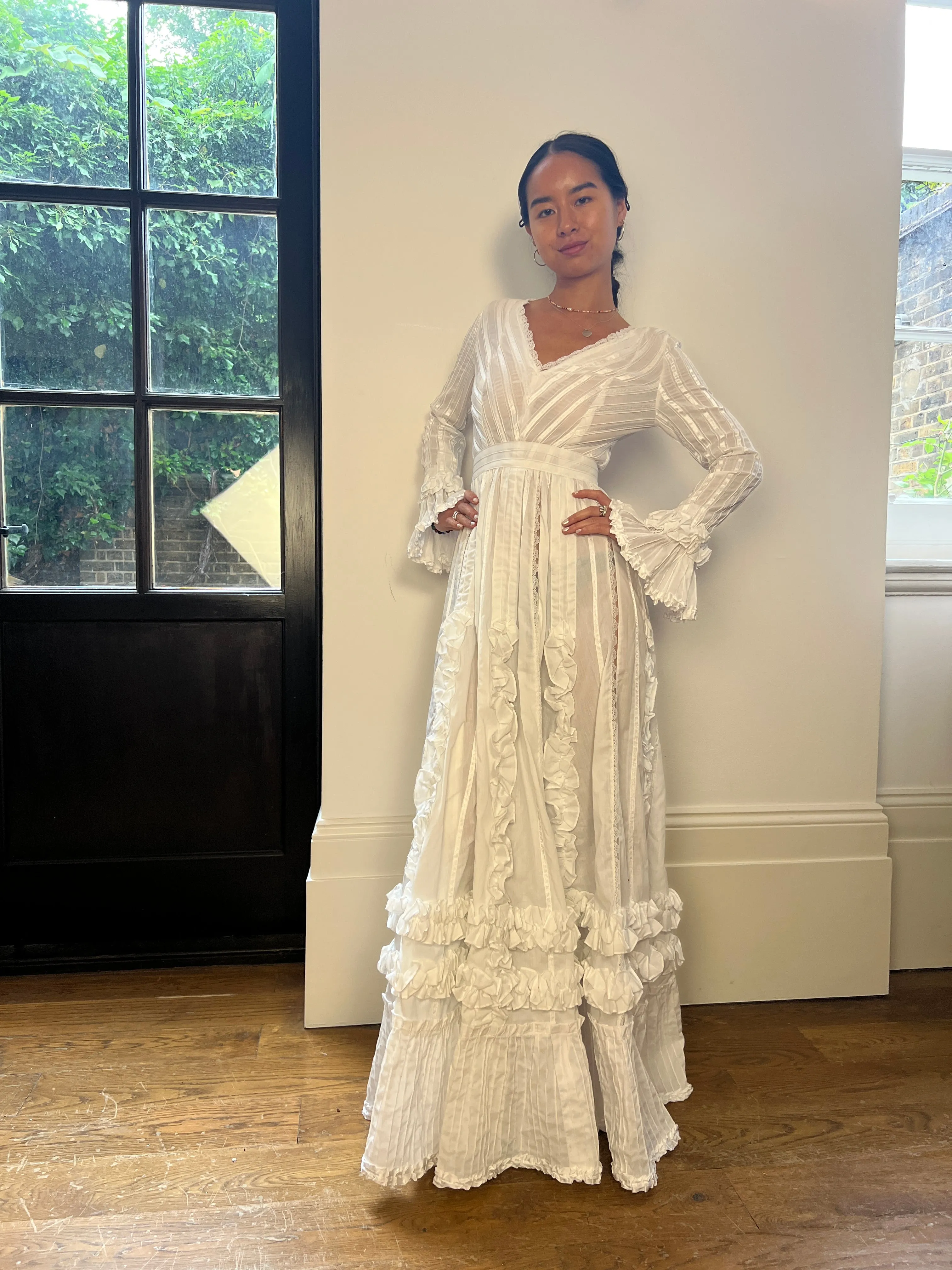 1970s Mexicana White Cotton and Lace Wedding Dress
