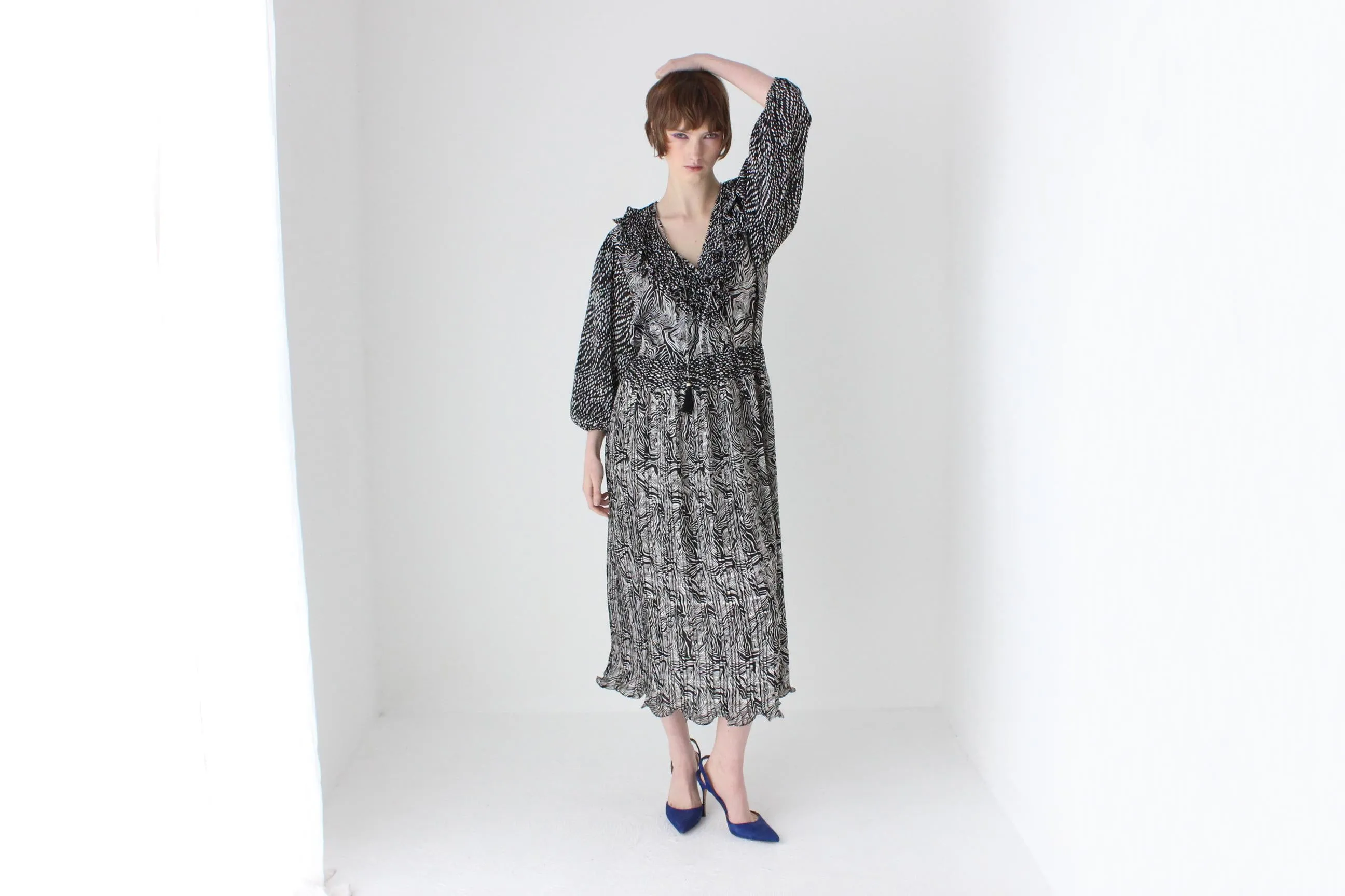 80s Designer Diane Freis Monochrome Black & White Puff Dress