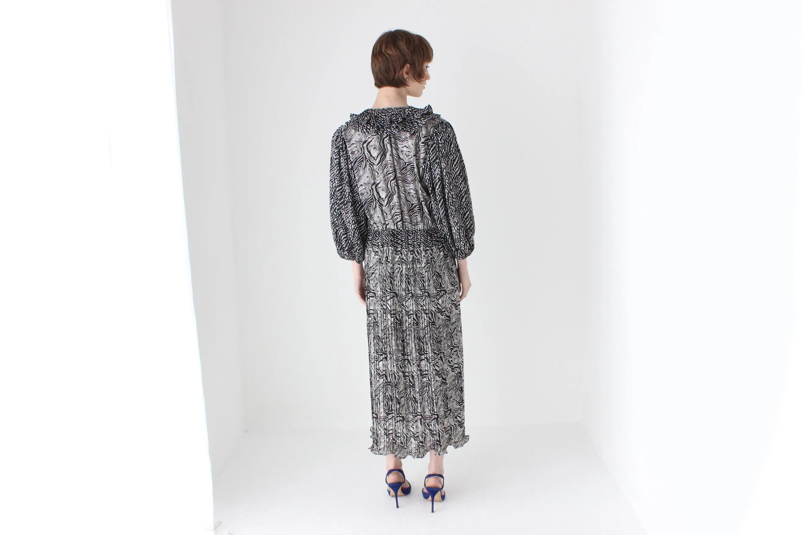 80s Designer Diane Freis Monochrome Black & White Puff Dress