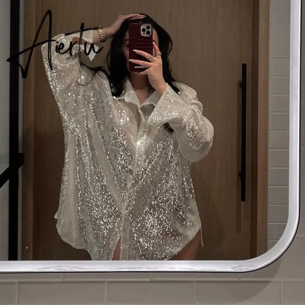 Aieru Sequins Blouse Shirts Long Sleeve Top Button Up Shirt Y2K Vintage Women Clothing Club Party Glitter Top Female Collared Shirt