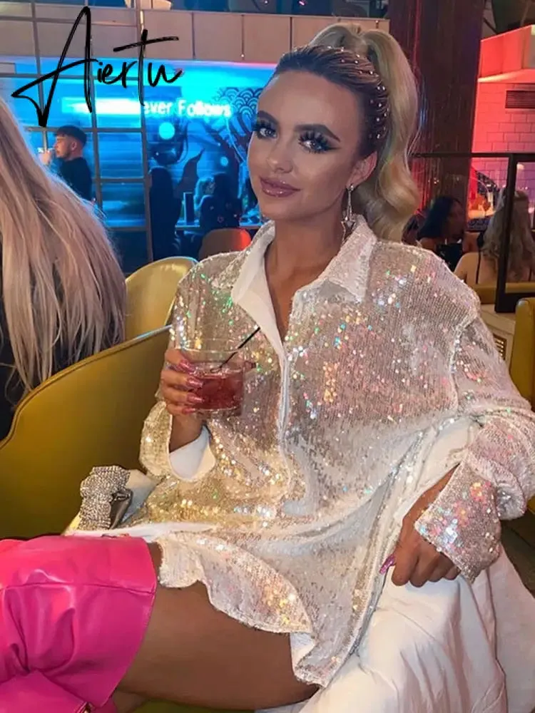 Aieru Sequins Blouse Shirts Long Sleeve Top Button Up Shirt Y2K Vintage Women Clothing Club Party Glitter Top Female Collared Shirt