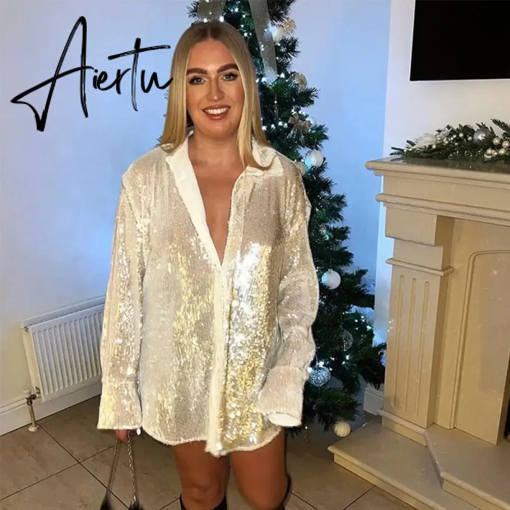 Aieru Sequins Blouse Shirts Long Sleeve Top Button Up Shirt Y2K Vintage Women Clothing Club Party Glitter Top Female Collared Shirt