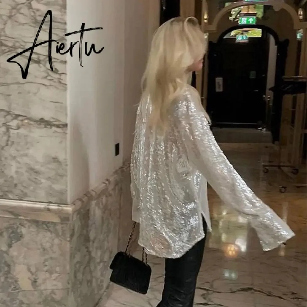 Aieru Sequins Blouse Shirts Long Sleeve Top Button Up Shirt Y2K Vintage Women Clothing Club Party Glitter Top Female Collared Shirt