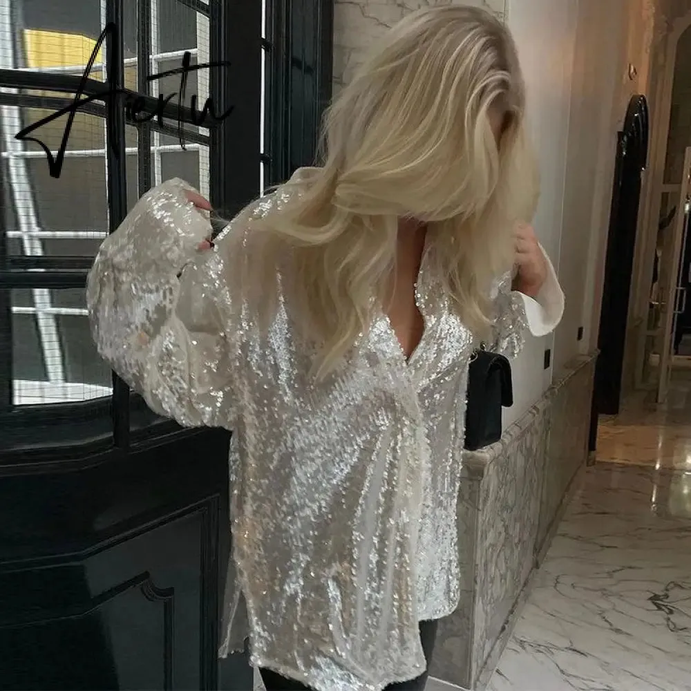 Aieru Sequins Blouse Shirts Long Sleeve Top Button Up Shirt Y2K Vintage Women Clothing Club Party Glitter Top Female Collared Shirt