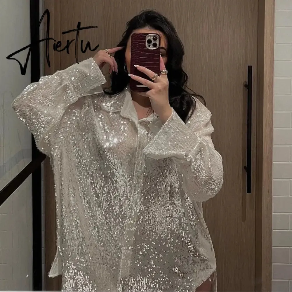 Aieru Sequins Blouse Shirts Long Sleeve Top Button Up Shirt Y2K Vintage Women Clothing Club Party Glitter Top Female Collared Shirt
