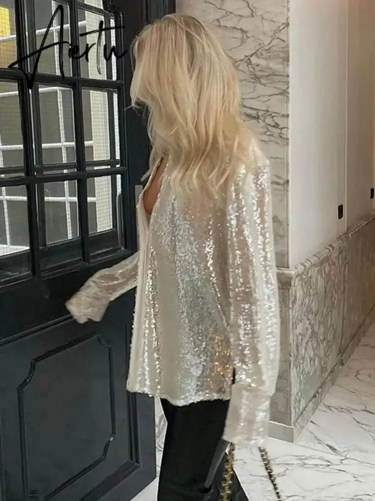 Aieru Sequins Blouse Shirts Long Sleeve Top Button Up Shirt Y2K Vintage Women Clothing Club Party Glitter Top Female Collared Shirt