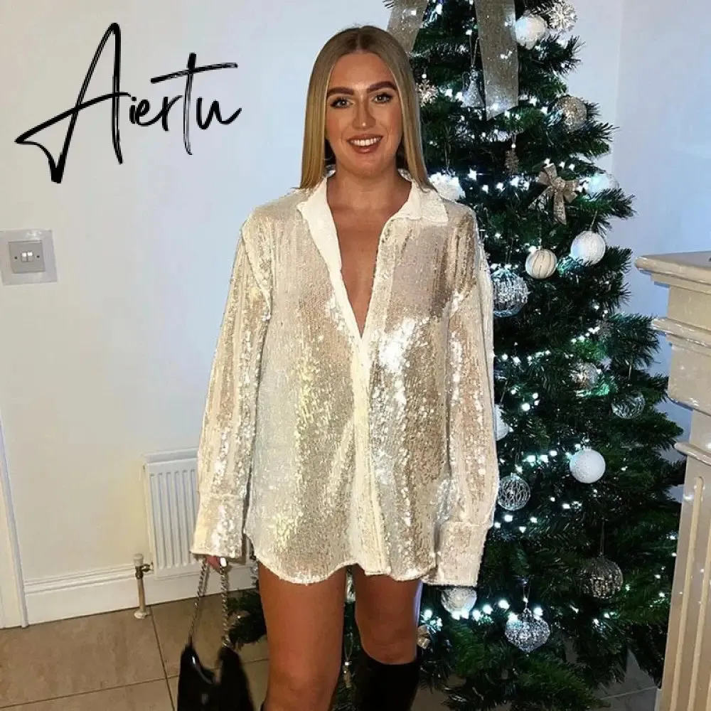 Aieru Sequins Blouse Shirts Long Sleeve Top Button Up Shirt Y2K Vintage Women Clothing Club Party Glitter Top Female Collared Shirt