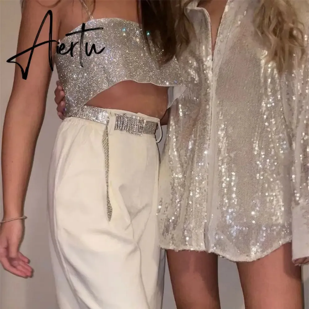 Aieru Sequins Blouse Shirts Long Sleeve Top Button Up Shirt Y2K Vintage Women Clothing Club Party Glitter Top Female Collared Shirt