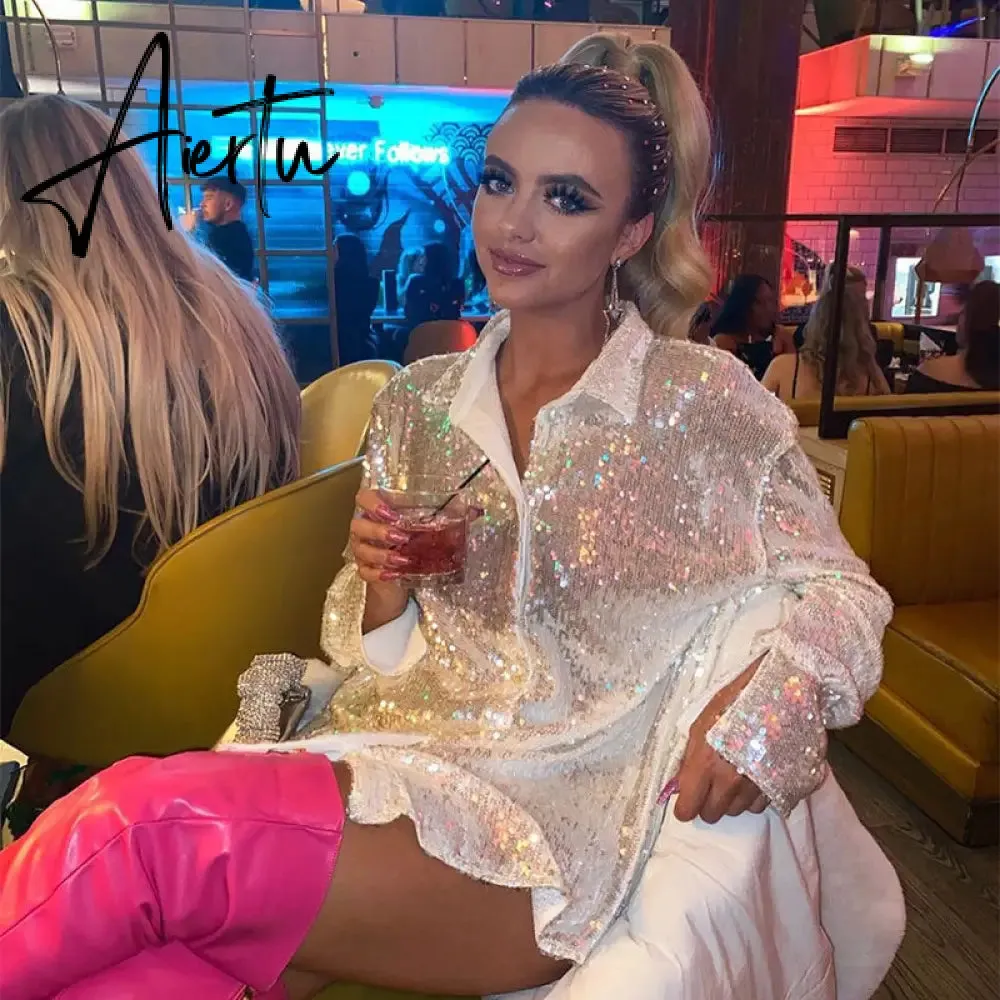 Aieru Sequins Blouse Shirts Long Sleeve Top Button Up Shirt Y2K Vintage Women Clothing Club Party Glitter Top Female Collared Shirt