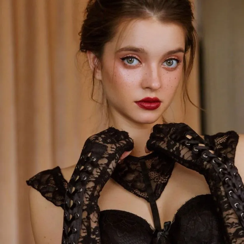 Black Laceup Strap Fingerless Babydoll Gloves