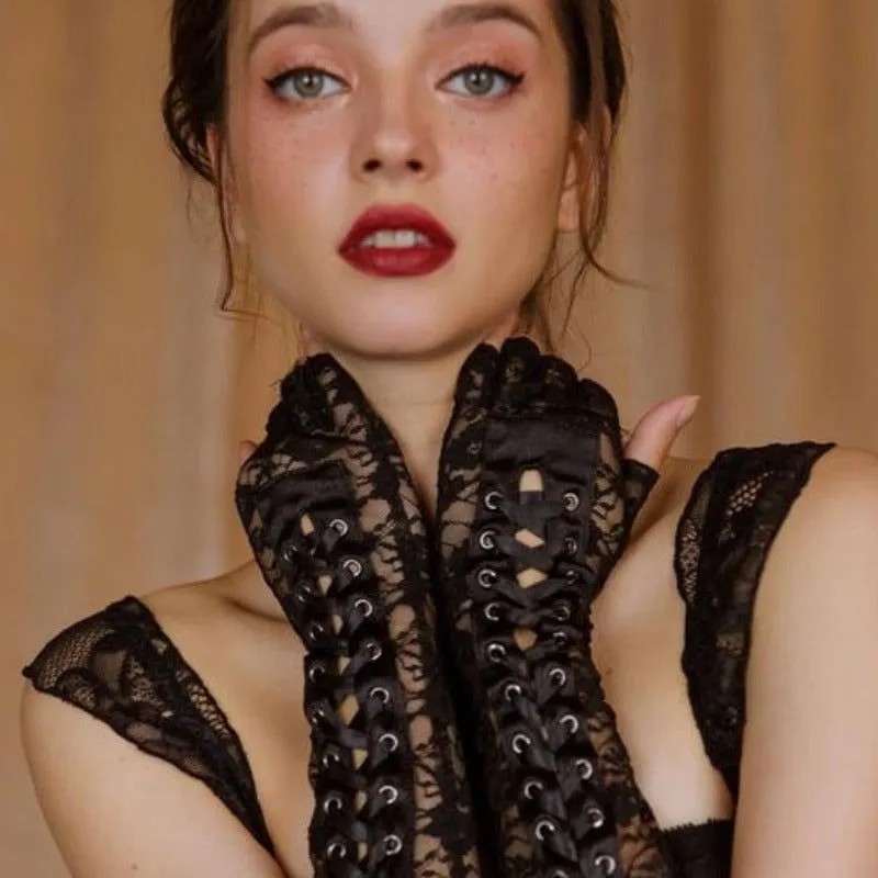 Black Laceup Strap Fingerless Babydoll Gloves
