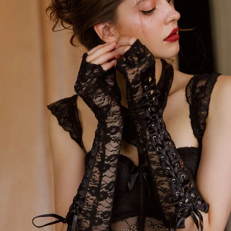 Black Laceup Strap Fingerless Babydoll Gloves