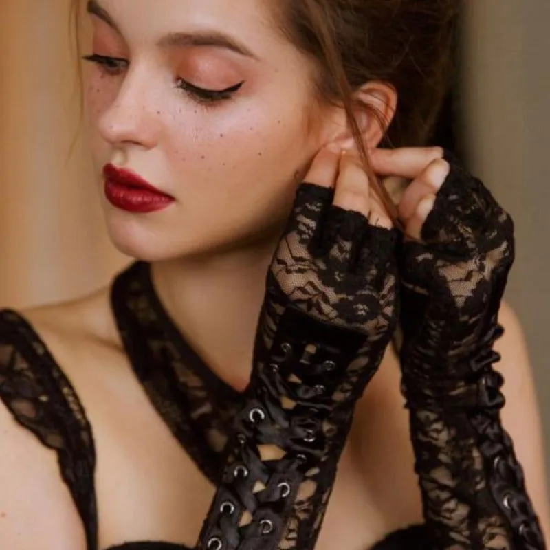 Black Laceup Strap Fingerless Babydoll Gloves