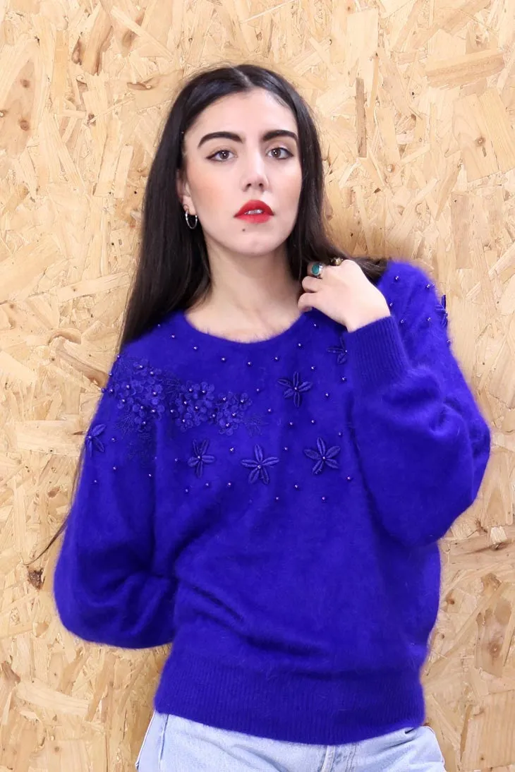 Blue Embellished Mohair Jumper