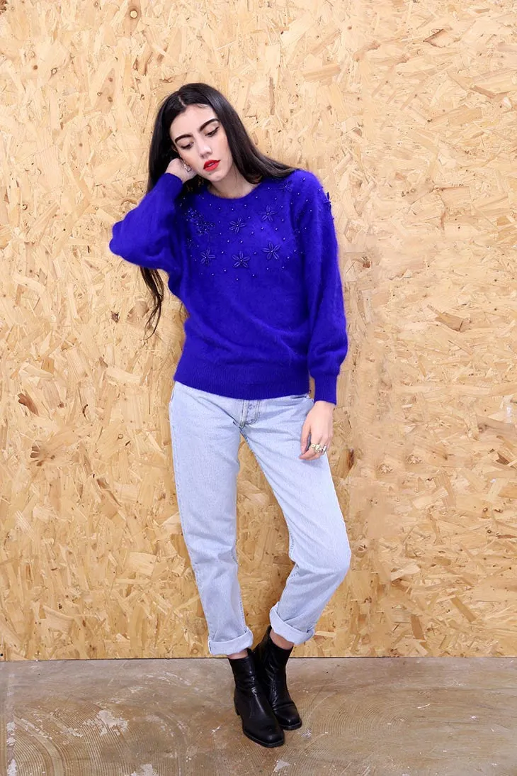 Blue Embellished Mohair Jumper