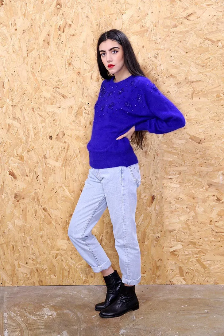 Blue Embellished Mohair Jumper