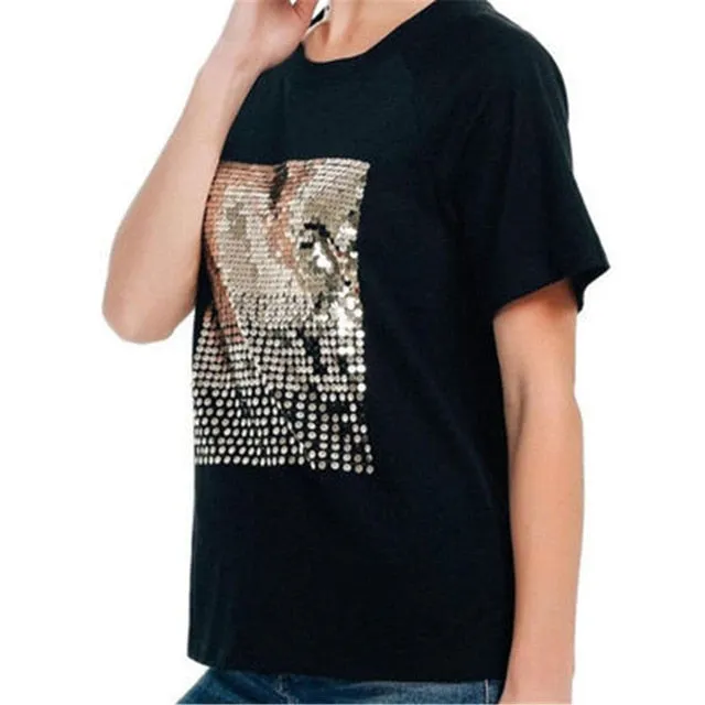 Cotton White Sequins T-shirt Female Short-sleeved Fitness