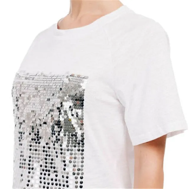 Cotton White Sequins T-shirt Female Short-sleeved Fitness