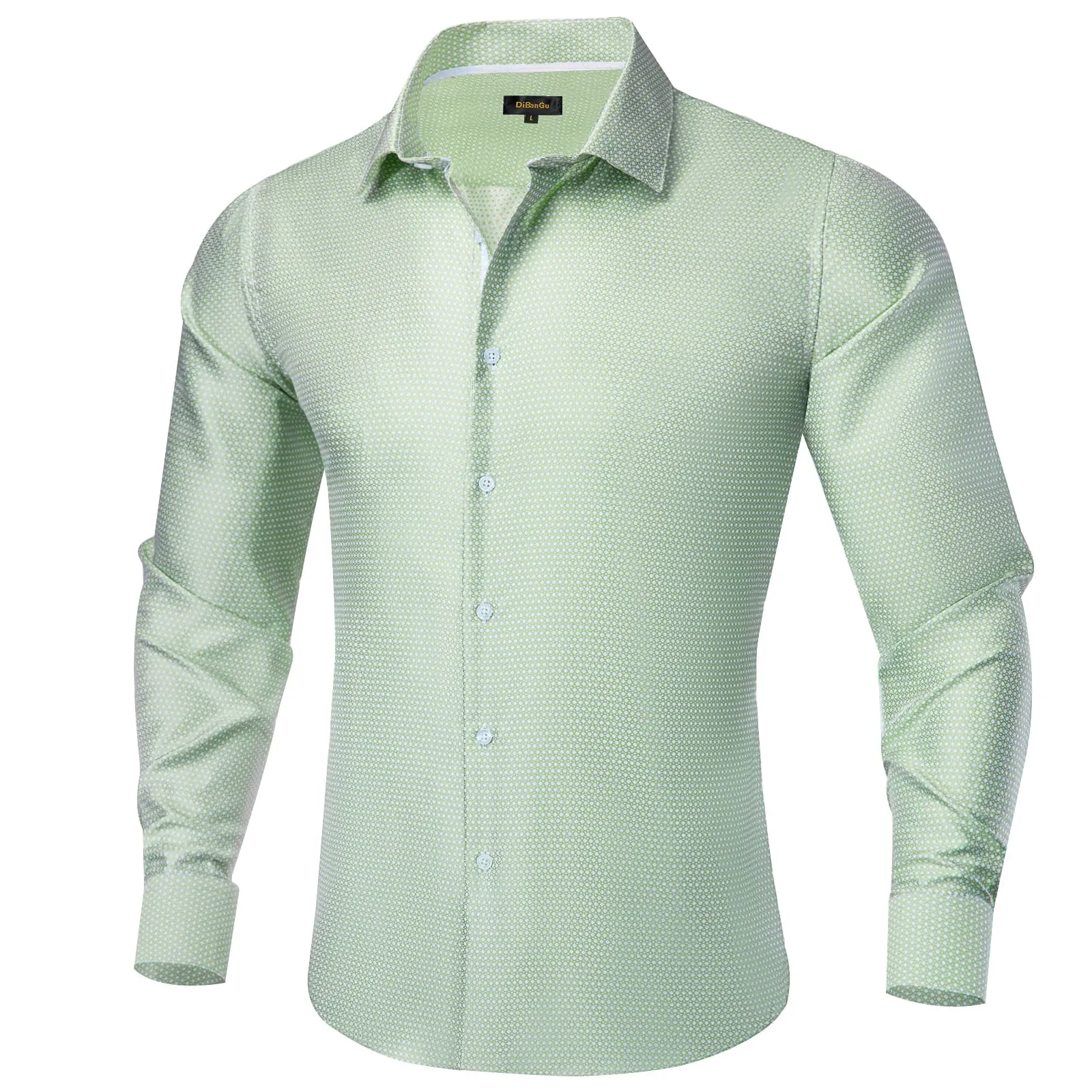 DiBanGu Collared Shirt Mint Green Polka Dot Silk Button Down Long Sleeve Shirt for Men