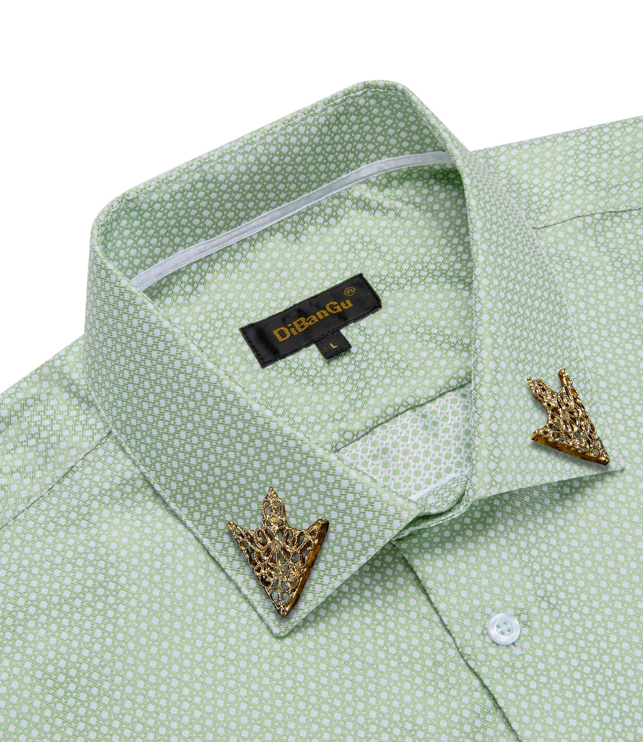 DiBanGu Collared Shirt Mint Green Polka Dot Silk Button Down Long Sleeve Shirt for Men