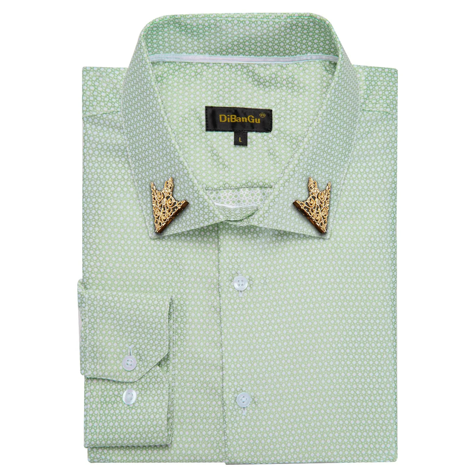 DiBanGu Collared Shirt Mint Green Polka Dot Silk Button Down Long Sleeve Shirt for Men