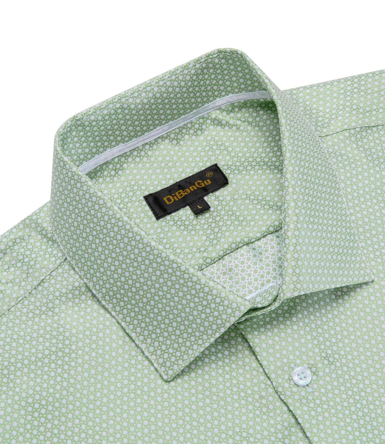 DiBanGu Collared Shirt Mint Green Polka Dot Silk Button Down Long Sleeve Shirt for Men