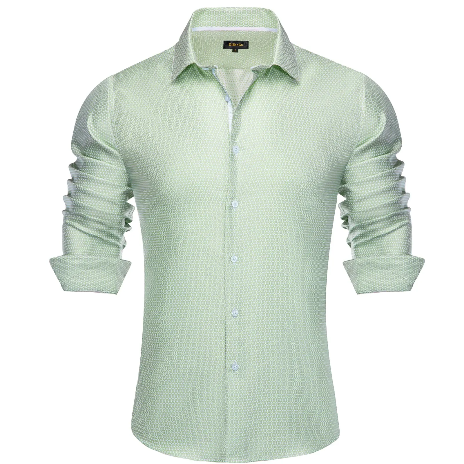 DiBanGu Collared Shirt Mint Green Polka Dot Silk Button Down Long Sleeve Shirt for Men