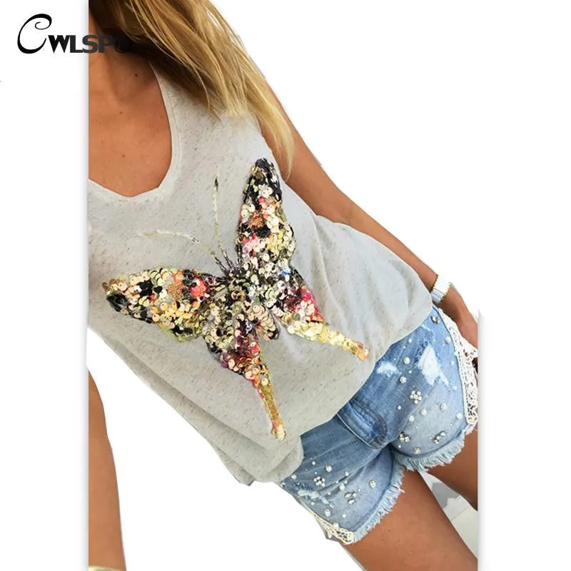 Fashion T shirt Women Bling Sequined 3D Butterfly V-Neck Petal Sleeve.