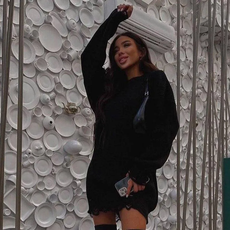Fuzzy Torn Knitted Sweater Dress