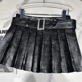 Girlary Y2k Skirt Harajuku Vintage Solid Color Pu Leather Pleated Skirt Goth Sexy Mini Skirt Fashion Casual High Waist Black Skirts Hot