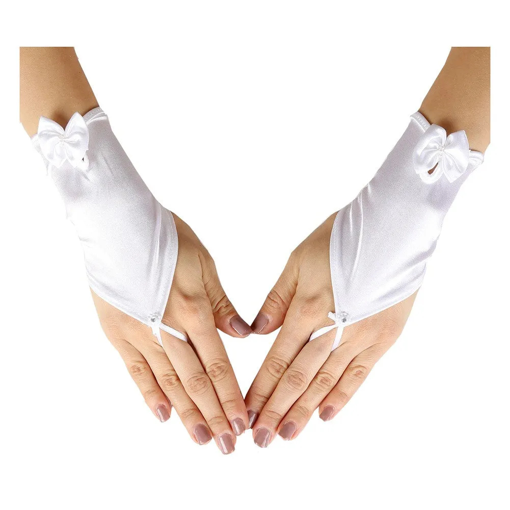Girls White Fingerless Satin Ribbon Accented Communion Flower Girl Gloves