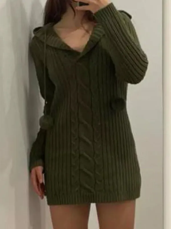 Green Hooded Long Sleeve Knitted Mini Dress