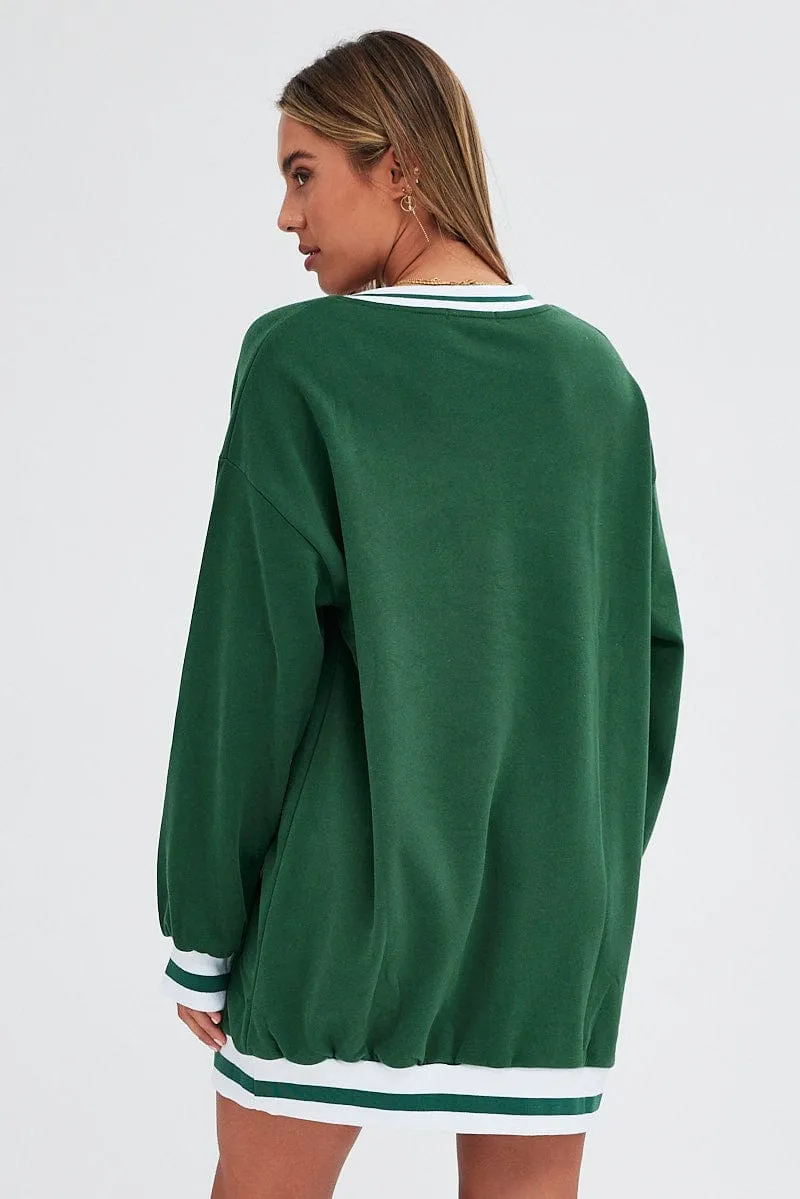 Green Print Varsity Sweater V Neck Stripe Tipping Dress
