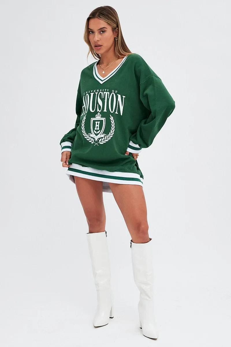 Green Print Varsity Sweater V Neck Stripe Tipping Dress