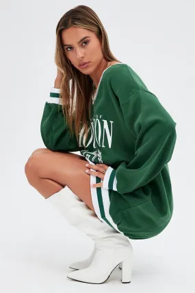 Green Print Varsity Sweater V Neck Stripe Tipping Dress