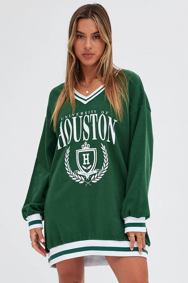 Green Print Varsity Sweater V Neck Stripe Tipping Dress