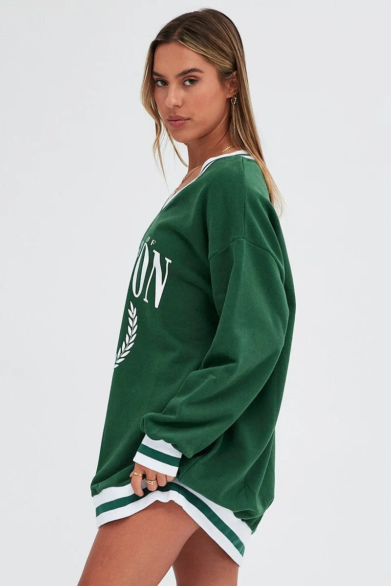 Green Print Varsity Sweater V Neck Stripe Tipping Dress