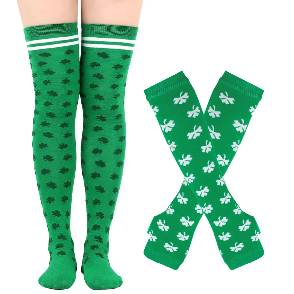 Green Shamrock Over-the-Knee Socks and Gloves Set