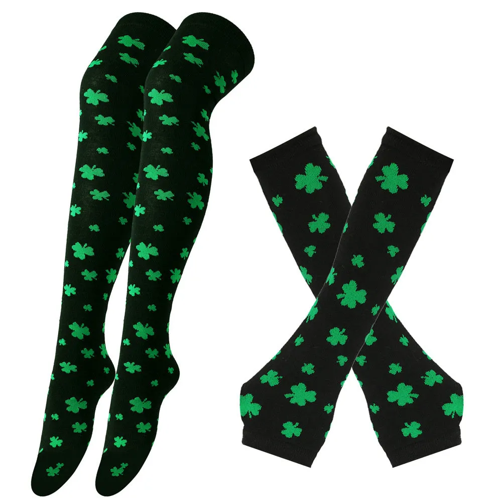 Green Shamrock Over-the-Knee Socks and Gloves Set