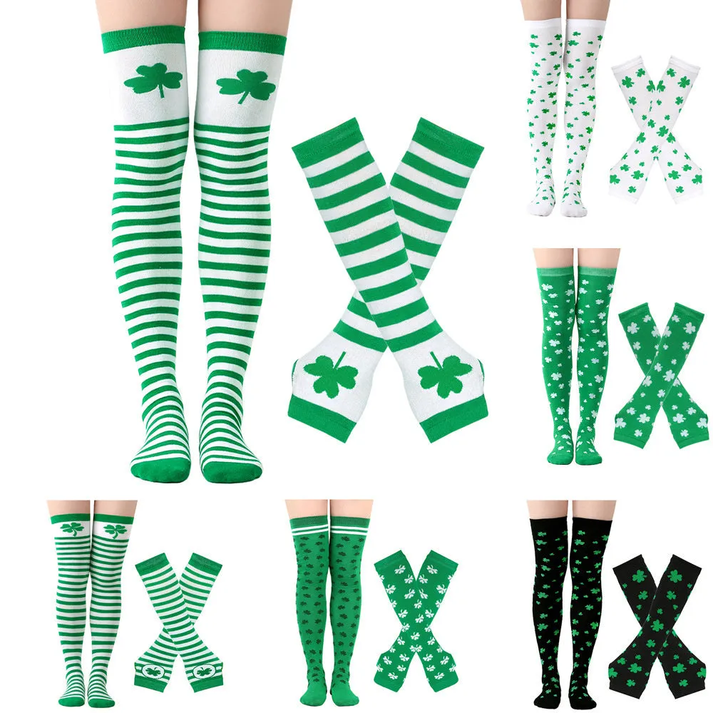 Green Shamrock Over-the-Knee Socks and Gloves Set