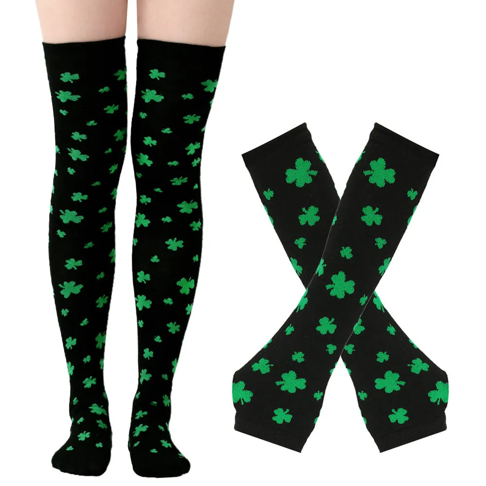 Green Shamrock Over-the-Knee Socks and Gloves Set