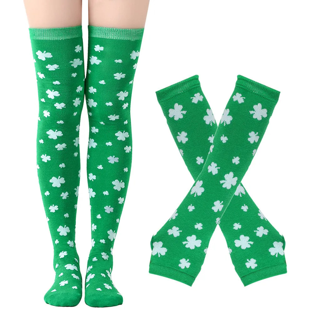 Green Shamrock Over-the-Knee Socks and Gloves Set