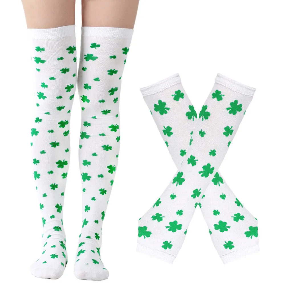 Green Shamrock Over-the-Knee Socks and Gloves Set