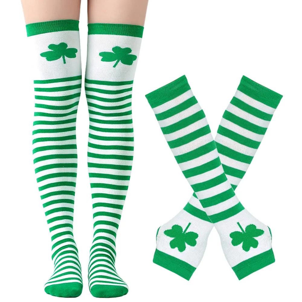 Green Shamrock Over-the-Knee Socks and Gloves Set