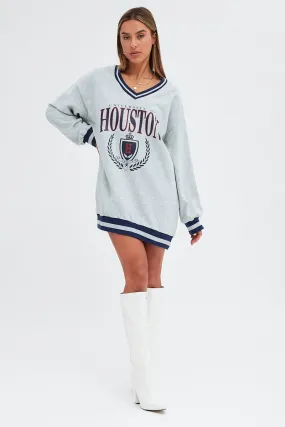 Grey Varsity Sweater V Neck Stripe Tipping Dress