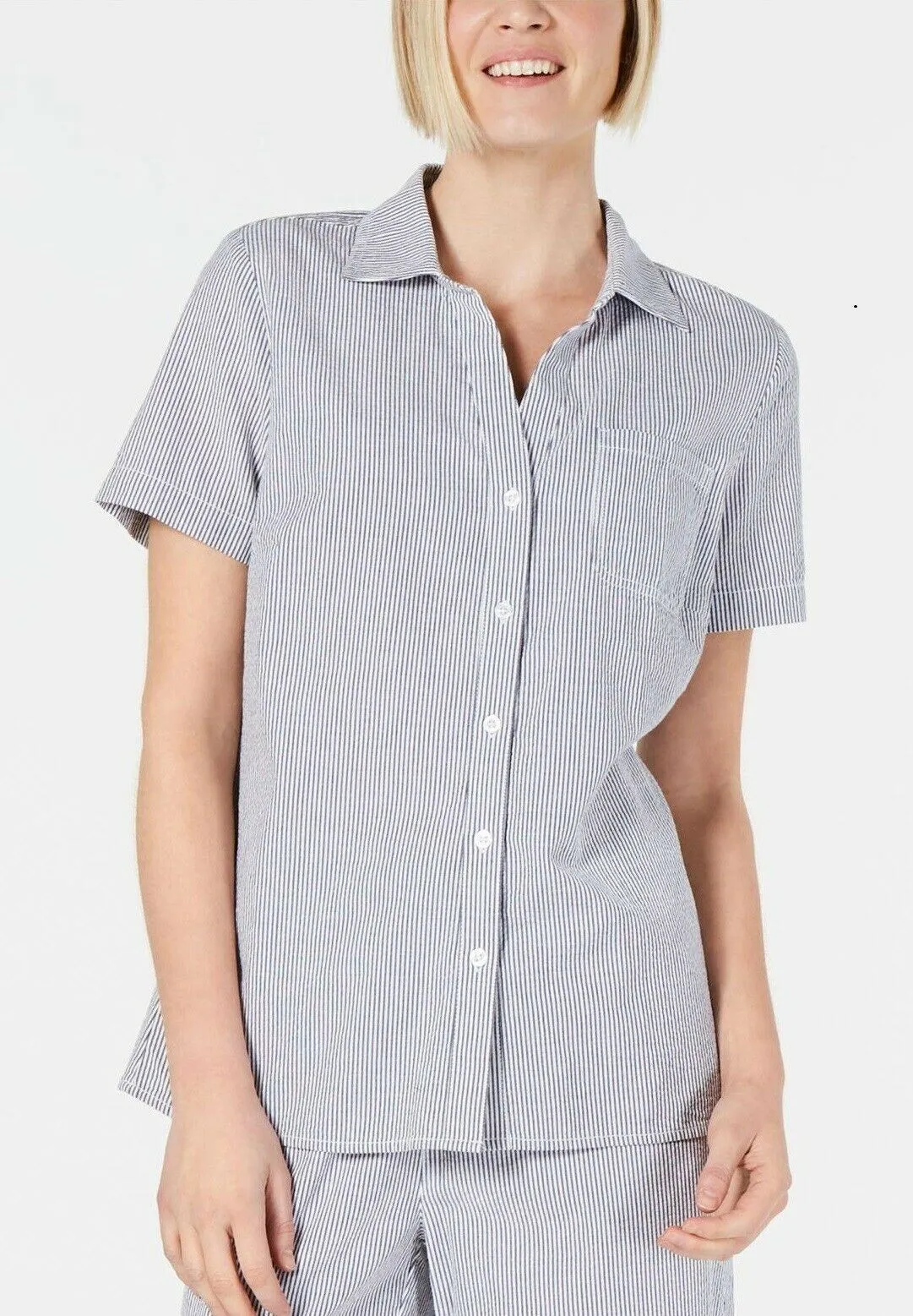 Karen Scott Cotton Short-Sleeve Seersucker Shirt,