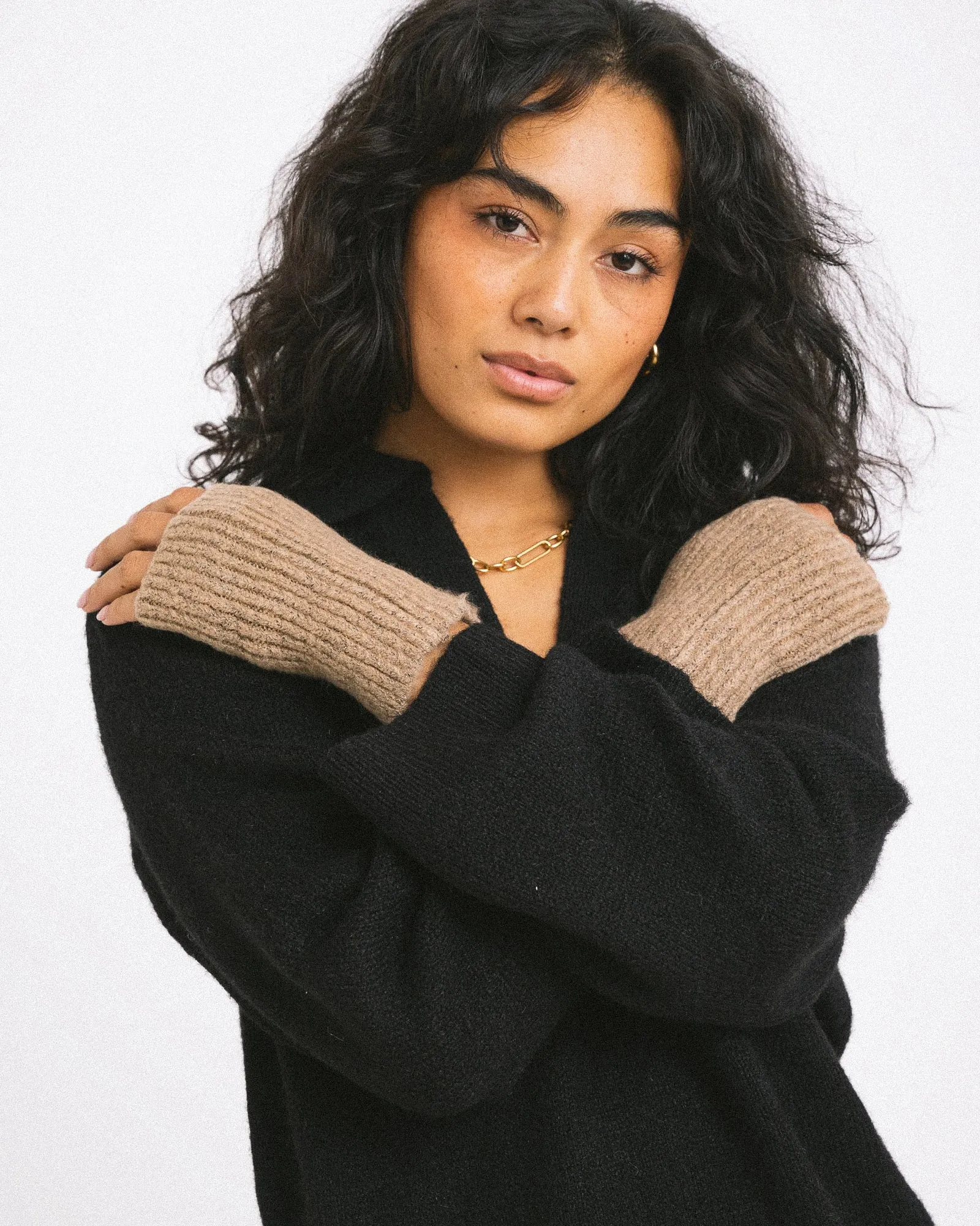 Knitted Fingerless Gloves Beige